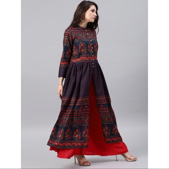 Navy Blue Floral Print Cotton Anarkali with High Slit! Size: L - Picture 3 of 6